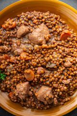 lentils with meat beef or pork fresh cooking appetizer meal food snack on the table copy space food background rustic