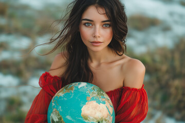 Fototapeta premium A woman is holding a globe in her arms while standing in a field