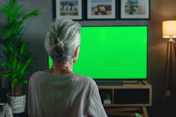 Application mockupover the shoulder shot of a mature woman in front of an smart-tv with an entirely green screen