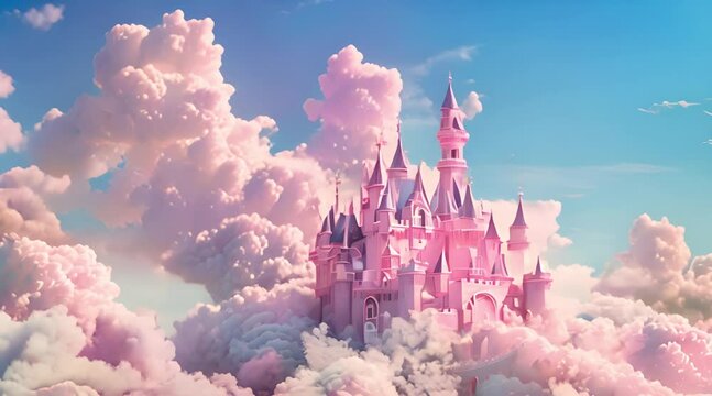 Magic Pink Castle in the clouds. Fantasy world. fairyland