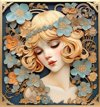 jolie jeune fille blonde rétro avec une couronne de fleur, découpage papier 3D