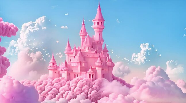 Magic Pink Castle in the clouds. Fantasy world. fairyland