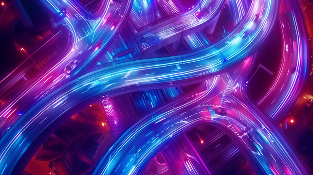 Top view of curve express way in a night city. Toll way, highway junction with lights at night. Generative AI.
