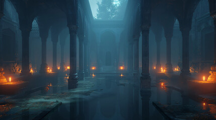 Strange majestic temple with glowing ethereal lights .