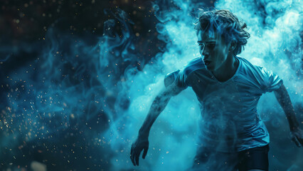 Athletic figure dashing through a mystical blue smoke on the track field. - Powered by Adobe