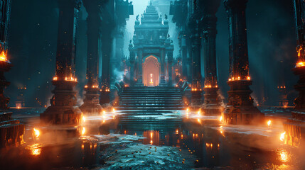 Strange majestic temple with glowing ethereal lights . - obrazy, fototapety, plakaty
