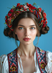 Fototapeta premium A mesmerizing gaze from beneath a traditional headdress, the woman's deep blue eyes mirroring the timeless Eastern European folklore.