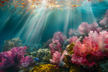 Obraz na płótnie Canvas Sunlit Coral Reef: A Melange of Aquatic Vibrancy and Biodiversity