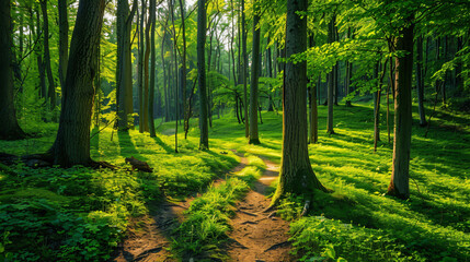 Summer mixed forest with walkway green grass and trees