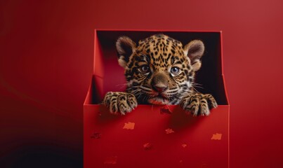 Sumptuous image of a young leopard emerging from a luxurious red gift box