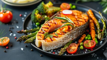 Delicious roasted salmon steak with fresh asparagus, broccoli, carrots, tomatoes, radish, green beans, and peas - healthy fish meal with colorful vegetables