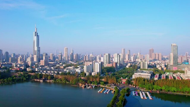Aerial photography of the skyline scenery of Xuanwu Lake in Nanjing, China
