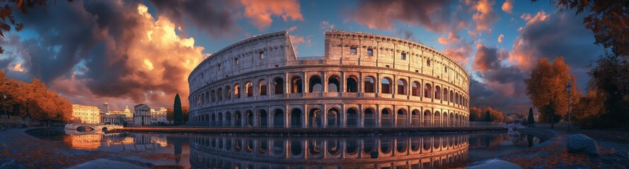 Captivating view of the ancient Roman Colosseum enveloped in a dramatic and warmly lit cloudscape - obrazy, fototapety, plakaty