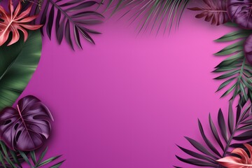 Fototapeta na wymiar Tropical plants frame background with purple blank space for text on purple background, top view. Flat lay style. ,copy Space flat design 