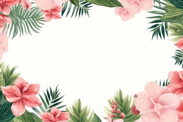 Fototapeta na wymiar Tropical plants frame background with rose blank space for text on rose background, top view. Flat lay style. ,copy Space flat design vector