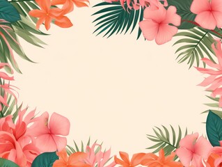Fototapeta na wymiar Tropical plants frame background with rose blank space for text on rose background, top view. Flat lay style. ,copy Space flat design vector