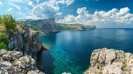 Summer view seacoast near Fiolent cape Crimea Black  - obrazy, fototapety, plakaty