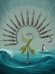 Fishing hooks icons set. Barbed fish hook illustration