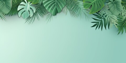 Tropical plants frame background with mint green blank space for text on mint green background, top view. Flat lay style. ,copy Space