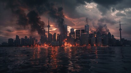 Fiery cityscape crumbles on waterfront. Fire's glow and smoke creating dark, eerie atmosphere.