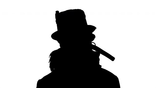 Creepy Masked Silhouette Figure Costume Psycho Face Portrait. Silhouette of a weird psycho masked man with a strange costume. Face portrait