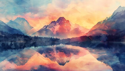 Capture the grandeur of a majestic mountain range at sunset in vivid watercolors, highlighting the warm hues of the sky and the rugged peaks against a tranquil lake - obrazy, fototapety, plakaty