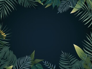 Fototapeta na wymiar Tropical plants frame background with navy blue blank space for text on navy blue background, top view. Flat lay style. ,copy Space