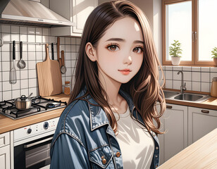 Una chica muy linda, que viste una chaqueta de mezclilla,posando en una cocina - obrazy, fototapety, plakaty