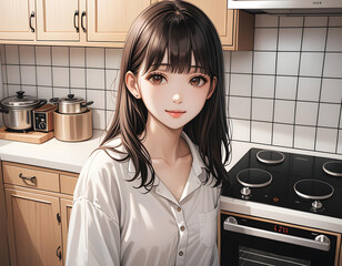 Una chica muy linda en una cocina sumamente elegante