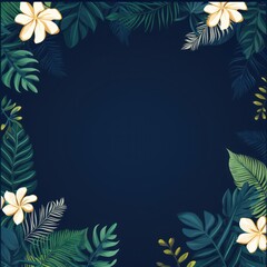 Fototapeta na wymiar Tropical plants frame background with navy blue blank space for text on navy blue background, top view. Flat lay style. ,copy Space
