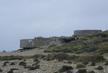 Crozon, France - Apr 5, 2024: Cap de la Chevre Coastal Battery is part of the Atlantic wall. Cloudy...