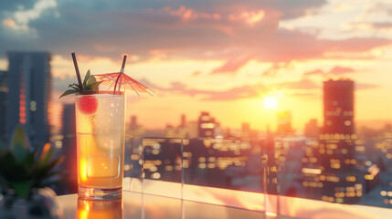 Refreshing cocktail at rooftop bar, sunset city view - obrazy, fototapety, plakaty