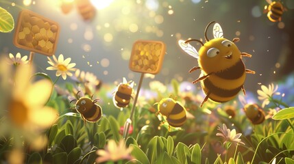 Amidst a verdant garden filled with blooming flowers and buzzing with life, a group of adorable cartoon bees gathers around a honeycomb-shaped signboard.