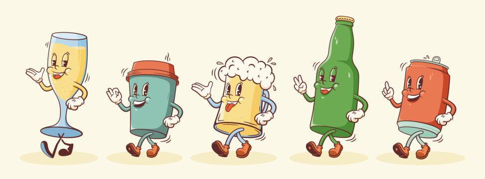 Groovy Beer, Coffee and Champagne Retro Characters Illustration. Cartoon Drink Glass and Can Containers Walking Smiling Vector Food Mascot Template Happy Vintage Beverages Rubberhose Style Drawing
