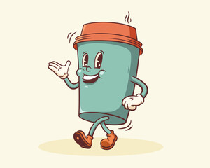 Groovy Coffee Mug Retro Character. Cartoon Food Paper Cup Walking and Smiling. Vector Fast Food Beverage Mascot Template. Happy Vintage Cool Illustration Isolated