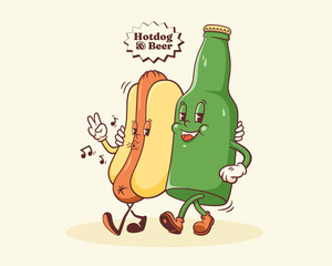 Groovy Hotdog and Beer Retro Character Illustration. Cartoon Sausage, Bun and Bottle Walking Smiling Vector Food Mascot Template. Happy Vintage Cool Fast Food Rubberhose Style Drawing