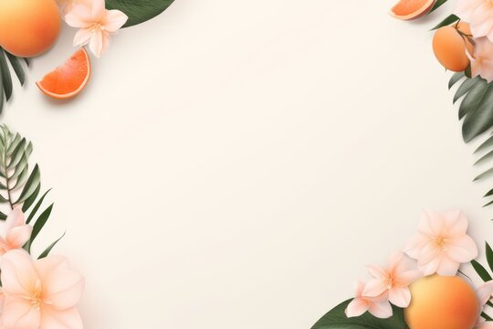 Tropical plants frame background with peach blank space for text on peach background, top view. Flat lay style. ,copy Space flat design vector illustration