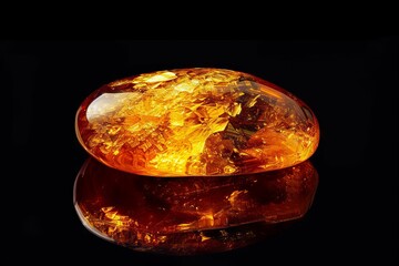 Amber Crystal Isolated, Golden Amber Pebble on Black