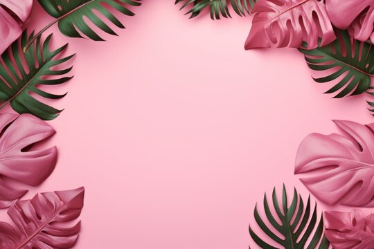 Tropical plants frame background with pink blank space for text on pink background, top view. Flat lay style. ,copy Space flat design vector illustration