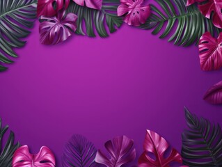 Fototapeta na wymiar Tropical plants frame background with purple blank space for text on purple background, top view. Flat lay style. ,copy Space flat design