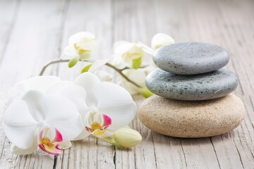 Spa setting with spa stones and white orchids
