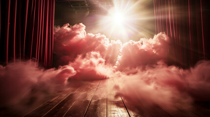 Dramatic theater stage with pink curtains and Intense spotlight amidst billowing clouds. Empty vintage stage for burlesque dance.  Generative AI