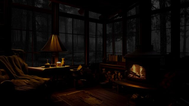 Cozy Rain Ambience Sitting on a Cozy Chair in the Cozy Cabin Porch at midnight in the Cold Forest