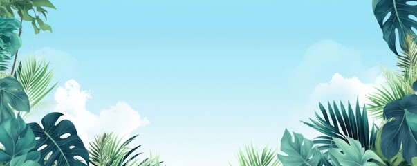 Fototapeta na wymiar Tropical plants frame background with sky blue blank space for text on sky blue background, top view. Flat lay style. ,copy Space flat design
