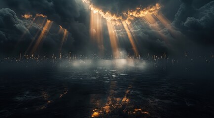 Fond noir abstrait avec ville futuriste illuminée à l'horizon et rayons de lumière traversant des nuages.