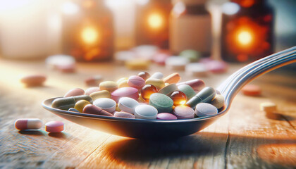 Loads of vitamins and supplement concept, overload, overdose, over pills, over need. A spoon that full of pills and capsules, medicine, dietary, health, nutrition, unhealthy - obrazy, fototapety, plakaty