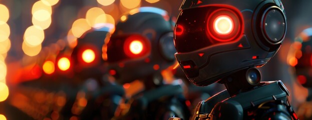Un groupe de robots futuristes avec des yeux brillants et des lumières rouge sur la tête, arrière-plan bokeh dans un style hyperréaliste.