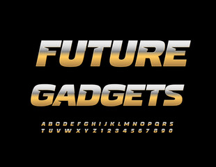Vector trendy sign Future Gadgets. Modern Gold Font. Exclusive Alphabet Letters and Numbers set.