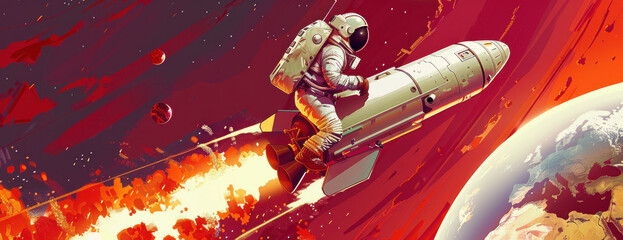 Illustration style cartoon d'un astronaute monté à l'arrière d'une fusée, s'élevant dans l'espace avec la Terre en arrière-plan. - obrazy, fototapety, plakaty