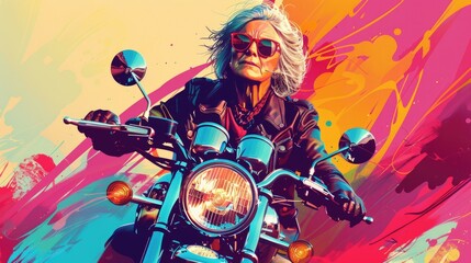 Ageless Rider Mid-aged woman conquers the road on a colorful motorcycle, defying expectations. Captured in a detailed digital illustration - obrazy, fototapety, plakaty